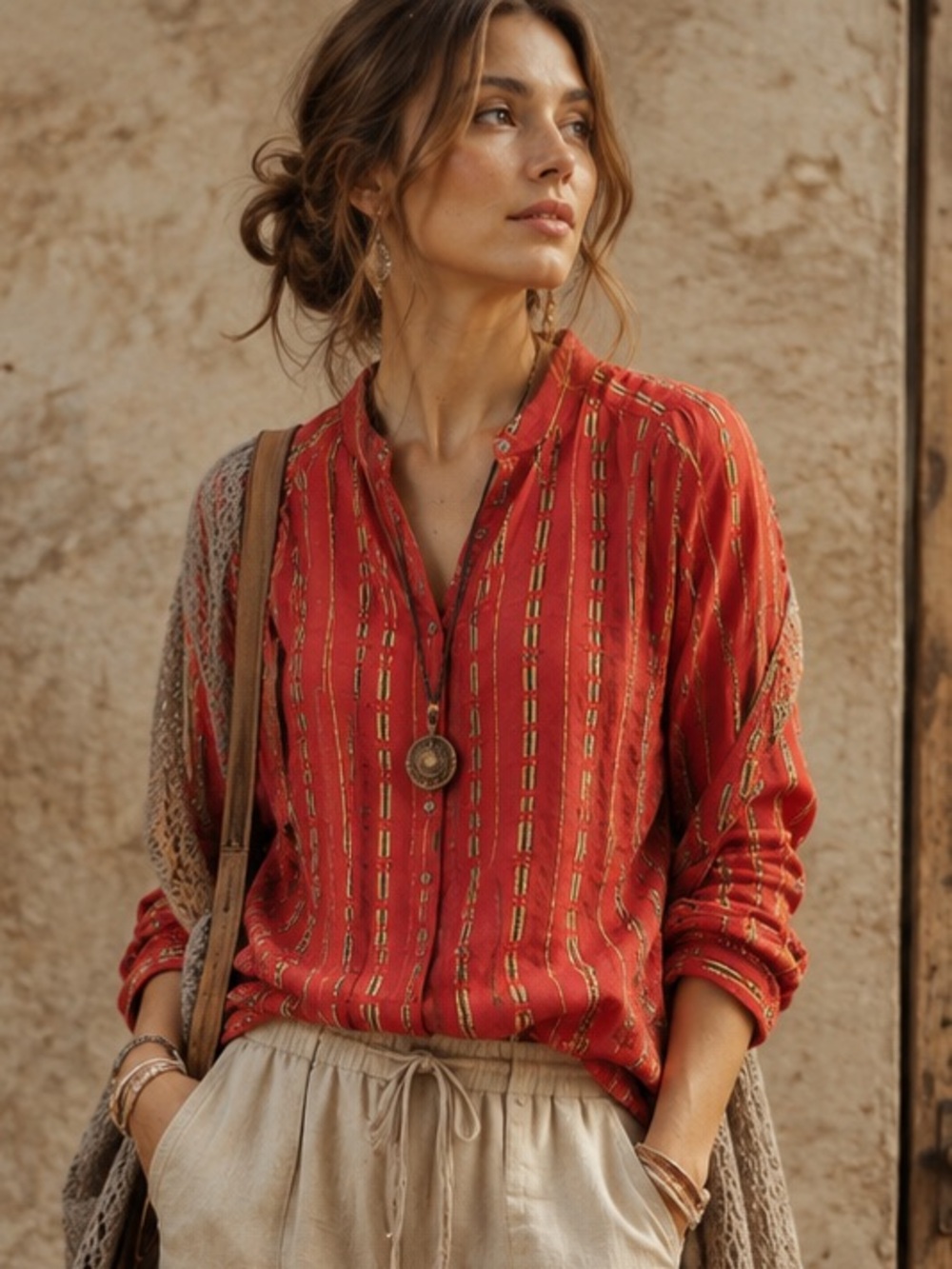 Anthro Pilcro Fall Rust Embroidered Textured Button Front Balloon Sleeve Blouse